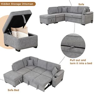 Polibi 5-Seat Sleeper Sofa Bed with Storage Ottoman, USB Charging Ports, Cup Holder on Armrest and 2 Pillows, L-Shape Convertible Pull-Out Sofa Upholstered Couch for Living Room, Grey