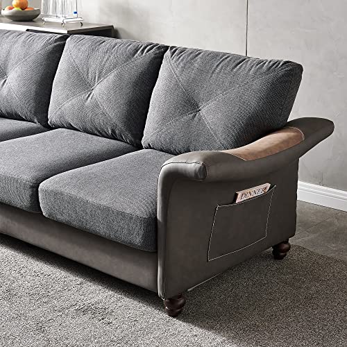 Ucloveria, Futon Sleeper Sofa Bed Mid-Century Modern Linen Fabric Faux Leather Sectional Couch for Living Room with 6 Wood Legs and 2 Removable Storage Boxes, Dark Gray, 84.65" L x 31.89" W x 35" H