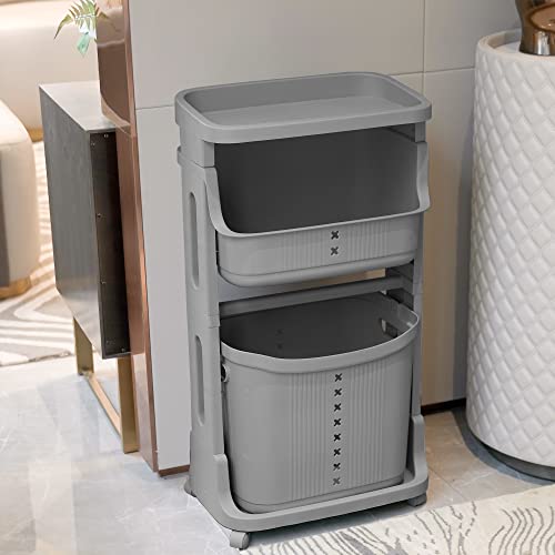 LOFT LIVING Laundry Hampers Laundry Baskets Dirty Clothes Hamper with Wheels and Handle Tall White Portable Rolling Laundry Baskets with 1 Removable Large Baskets Gery