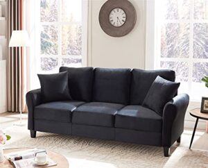 modern velvet couch with 2 pillow plus a classic wooden workbench
