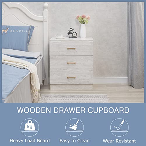 GREATMEET FATIGOS 3 Drawers Dresser Chest,Wood Dresser Storage Cabinet with Golden Handle, Flower White Cabinet for Living Room,Bedroom,Entryway