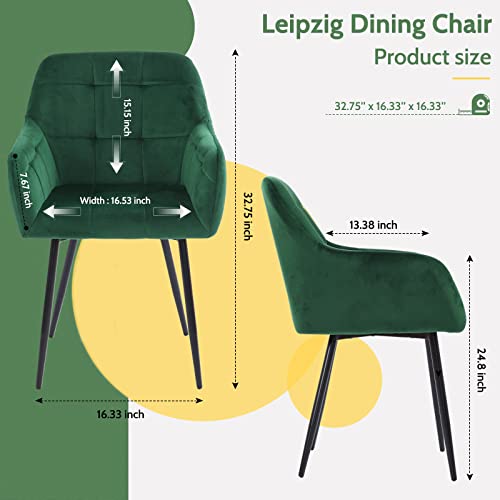 Higliocas Dining Chairs Set of 2, Kitchen Chairs with Velvet Upholstered, Modern Living Dining Room Accent Armchairs with Metal Legs, Green