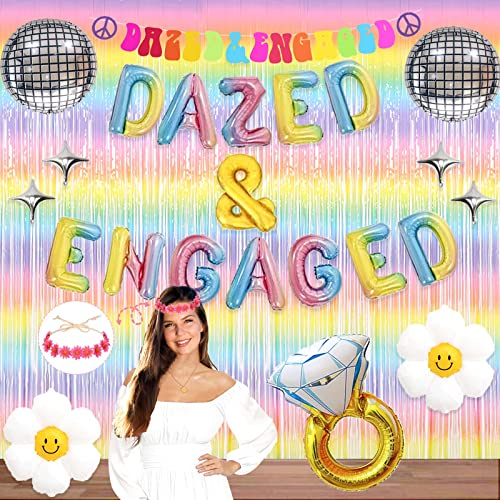 Dazed and Engaged Bachelorette Decorations, Fiesec Hippie Groovy Retro Bachelorette Decorations Tie Dye Fringe Curtain 4D Disco Sparkle Daisy Ring Foil Balloon Flower Headband