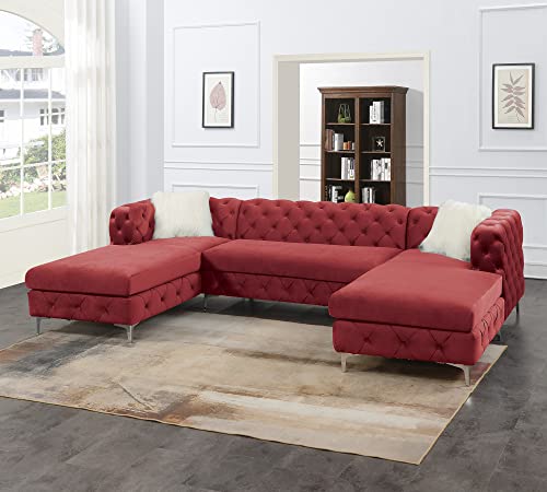 Poundex Velvet Upholstered and Button-Tufted Loveseat Love Seats, Red