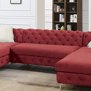 Poundex Velvet Upholstered and Button-Tufted Loveseat Love Seats, Red
