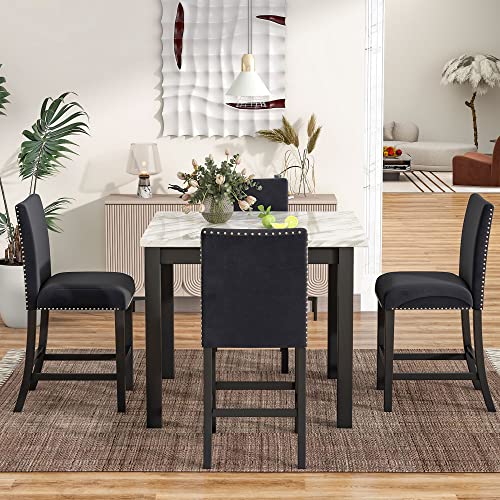 HomSof 42" L x42 Wx36 18.5" Wx23.2 Dx39.8 H 5-Piece Counter Height Set with One Faux Marble Dining Table and Four Upholstered-Seat Chairs, Blue+White 4