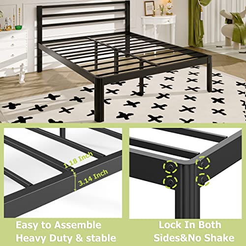 Daqutic Full Bed Frame with Headboard, 18-Inch Metal Platform Full Size Bed Frames with Round-Corner Leg, No Box Spring Needed, Heavy Duty Mattress Foundation, Noise-Free