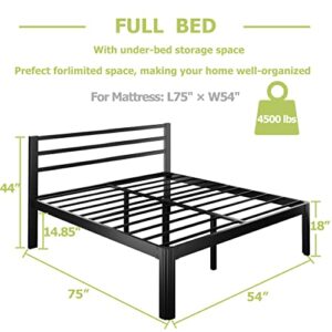 Daqutic Full Bed Frame with Headboard, 18-Inch Metal Platform Full Size Bed Frames with Round-Corner Leg, No Box Spring Needed, Heavy Duty Mattress Foundation, Noise-Free