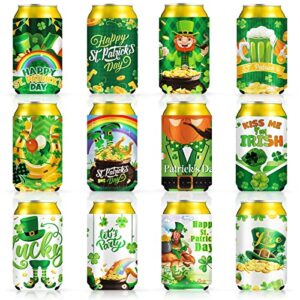 12 pcs st. patrick's day can coolers sleeves lucky green shamrock decoration saint patrick's day can sleeves congrats beverages soda bottle insulated neoprene cover for irish holiday party supplies