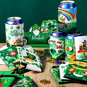 12 Pcs St. Patrick's Day Can Coolers Sleeves Lucky Green Shamrock Decoration Saint Patrick's Day Can Sleeves Congrats Beverages Soda Bottle Insulated Neoprene Cover for Irish Holiday Party Supplies