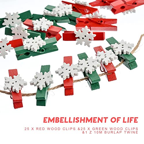 Mulbleaf Snowflake Clothespin Red and Green Wooden Clothespins Pack of 50 Christmas Clothespins Set of Wooden Clothespins Photo Clips Decoration for Women Children (Green+Red)