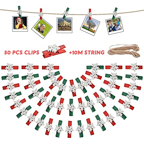 Mulbleaf Snowflake Clothespin Red and Green Wooden Clothespins Pack of 50 Christmas Clothespins Set of Wooden Clothespins Photo Clips Decoration for Women Children (Green+Red)