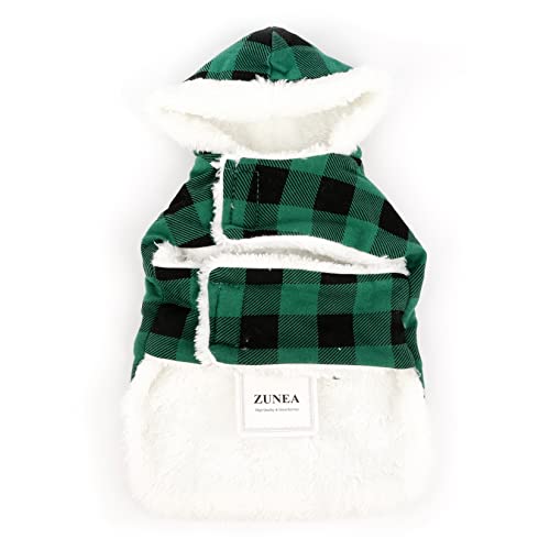 Zunea Christmas Dog Hoodie Jacket for Small Dogs Fleece Winter Coat Warm Plaid Puppy Clothes with Hood Xmas Pet Apparel Cold Weather Vest Clothing for Chihuahua Yorkie Green XS