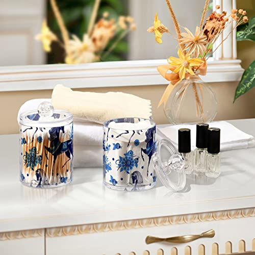 WELLDAY Apothecary Jars Bathroom Storage Organizer with Lid - 14 oz Qtip Holder Storage Canister, Blue Horse Floral Clear Plastic Jar for Cotton Swab, Cotton Ball, Floss Picks, Makeup Sponges,Hair Cli