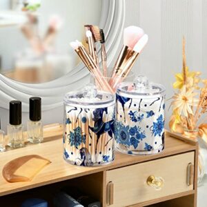 WELLDAY Apothecary Jars Bathroom Storage Organizer with Lid - 14 oz Qtip Holder Storage Canister, Blue Horse Floral Clear Plastic Jar for Cotton Swab, Cotton Ball, Floss Picks, Makeup Sponges,Hair Cli