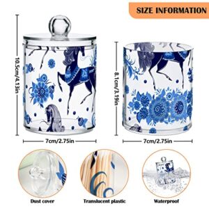 WELLDAY Apothecary Jars Bathroom Storage Organizer with Lid - 14 oz Qtip Holder Storage Canister, Blue Horse Floral Clear Plastic Jar for Cotton Swab, Cotton Ball, Floss Picks, Makeup Sponges,Hair Cli