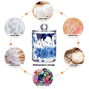 WELLDAY Apothecary Jars Bathroom Storage Organizer with Lid - 14 oz Qtip Holder Storage Canister, Blue Horse Floral Clear Plastic Jar for Cotton Swab, Cotton Ball, Floss Picks, Makeup Sponges,Hair Cli