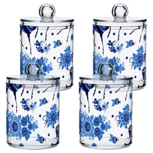 WELLDAY Apothecary Jars Bathroom Storage Organizer with Lid - 14 oz Qtip Holder Storage Canister, Blue Horse Floral Clear Plastic Jar for Cotton Swab, Cotton Ball, Floss Picks, Makeup Sponges,Hair Cli