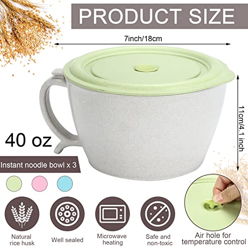 3 Pieces Microwave Wheat Straw Soup Bowl with Handle 40 oz Large Soup Mug with Phone Holder Dishwasher Safe Noodle Bowl with Lid Ramen Microwave Bowl for Ramen, Soup, Noodles, 3 Colors