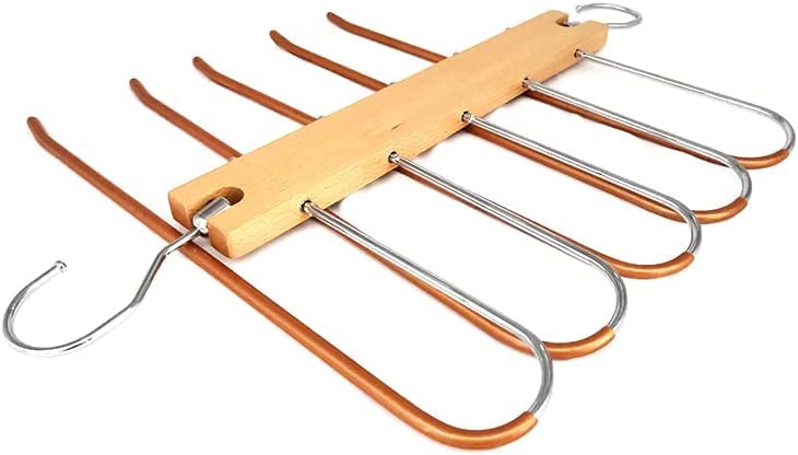 Uniworld Beech Wooden Pants Hangers Space Saver - Trouser Hanger, Space-Saving Multiple 5-in-1 Stainless Steel Extendible, Foldable Multi Magic Wardrobe Clothes Hanger Holder, Standard (Pack of 1)