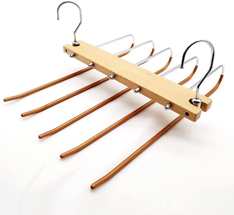 Uniworld Beech Wooden Pants Hangers Space Saver - Trouser Hanger, Space-Saving Multiple 5-in-1 Stainless Steel Extendible, Foldable Multi Magic Wardrobe Clothes Hanger Holder, Standard (Pack of 1)