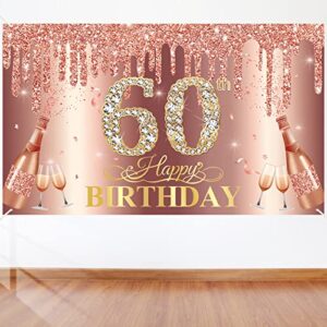 Rose Gold 60th Birthday Banner Decoration for Women, Pink Rose Gold Happy 60th Birthday Backdrop Sign Party Supplies, Sixty Years Old Birthday Photo Background Decor for Indoor Outdoor