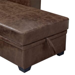 Pemberly Row 85" Wide Easy Pull Out Faux Leather Convertible Sectional Sofa with Cup Holders in Dark Brown