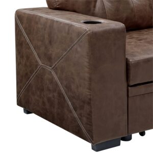 Pemberly Row 85" Wide Easy Pull Out Faux Leather Convertible Sectional Sofa with Cup Holders in Dark Brown