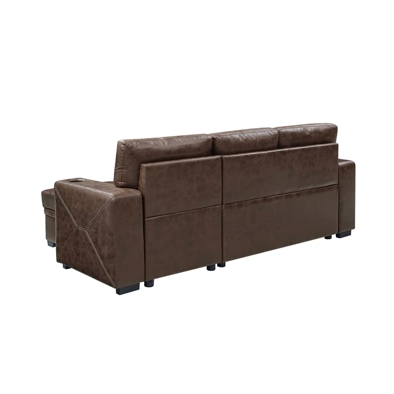 Pemberly Row 85" Wide Easy Pull Out Faux Leather Convertible Sectional Sofa with Cup Holders in Dark Brown