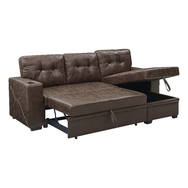 Pemberly Row 85" Wide Easy Pull Out Faux Leather Convertible Sectional Sofa with Cup Holders in Dark Brown