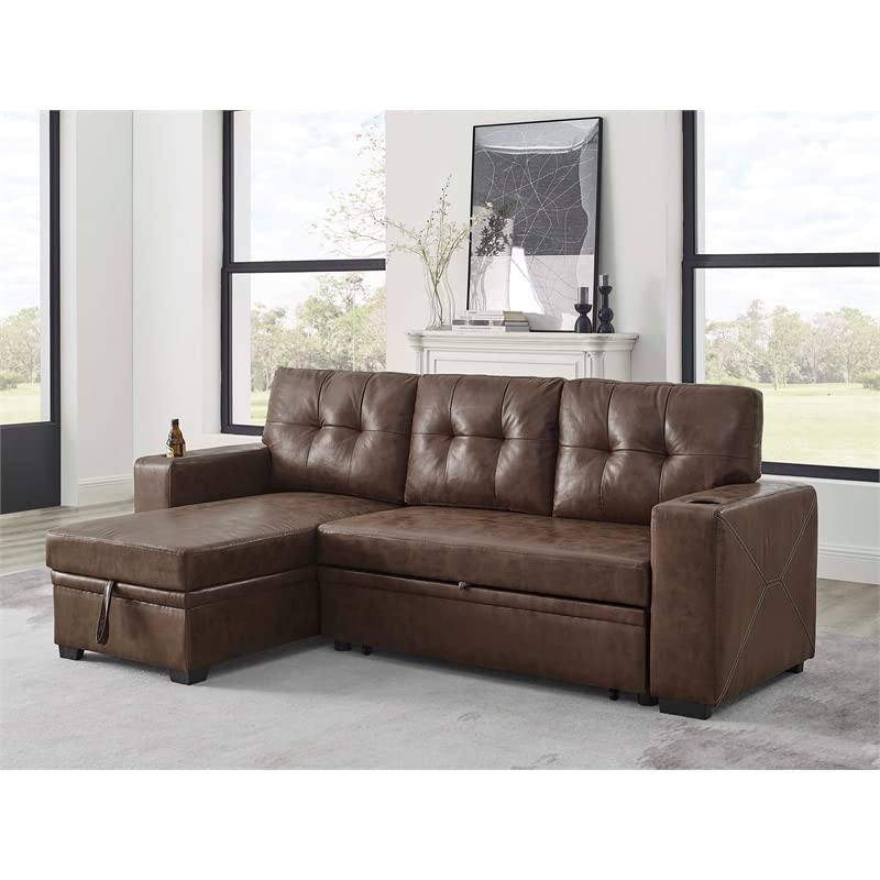 Pemberly Row 85" Wide Easy Pull Out Faux Leather Convertible Sectional Sofa with Cup Holders in Dark Brown