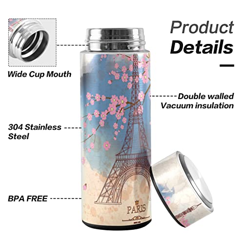 Eiffel Tower Stainless Steel Thermos, BPA-Free Vacuum Insulated Wide Mouth Water Bottle Reusable Leak Proof Flask Keeps Liquids Cold or Hot for Travel Shcool & Office