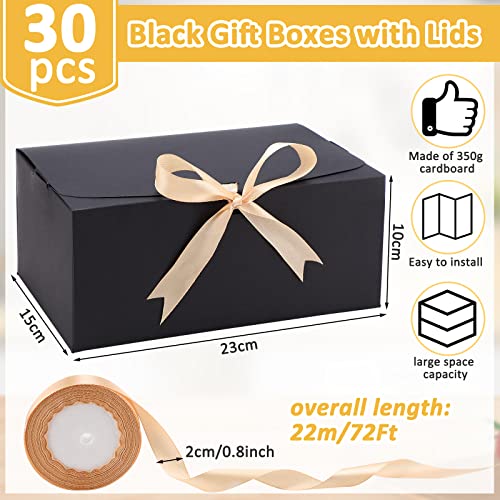 Geyee 30 Pieces 9 x 6 x 4 Inch Gift Box with Lid Wedding Bridesmaid Groomsmen Proposal Box for Present with Ribbon Bulk Craft Boxes for Halloween, Christmas, Holiday, Birthday Gift Packaging(Black)