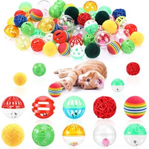 deekin 60 pack cat toys plastic noisy cat toy balls with bell kitten chase pounce rattle toy assortments including rainbow foam ball, furry pompom ball, sisal ball for cats (assorted style)
