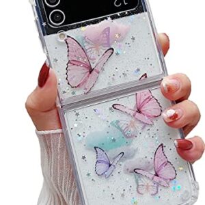 Shinymore Galaxy Z Flip 4 Clear Case, Cute Pretty Butterfly Glitter Shockproof Soft Flexible Rubber Girls Women Cover Case for Samsung Z Flip 4 (Pink)