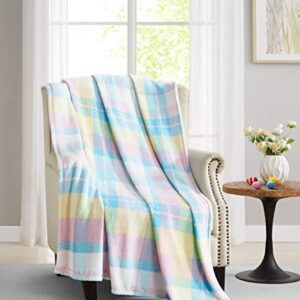 Pastel Plaid Summer Fleece Throw Blanket: Spring Colors in a Beautiful Plaid Design, Soft Cozy Velvet Colors of Pink Blue Yellow White, 50" x 60" Inch