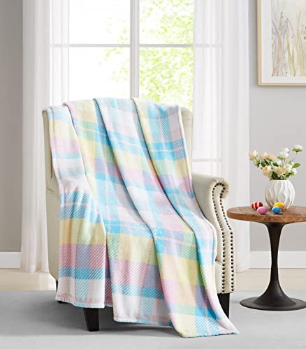 Pastel Plaid Summer Fleece Throw Blanket: Spring Colors in a Beautiful Plaid Design, Soft Cozy Velvet Colors of Pink Blue Yellow White, 50" x 60" Inch