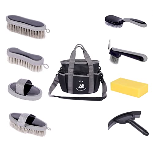 Premium Horse Grooming Kit (9 Piece) - Organizer Tote Bag with brushes for Tack Room - Nylon & Plastic Grooming Kit for Horses - Horse Brush Set - Perfect for Beginners or Professionals - Equine Organ