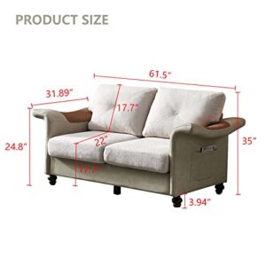 Dvasovio 61" Linen Fabric Sofa, 2 Seater Sofa with Leather Armrest, Wood Legs and Removable Storage Boxes, Linen Cream Sofa Couch for Living Room, Weight Load 800lbs, Beige