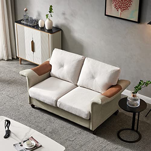 Dvasovio 61" Linen Fabric Sofa, 2 Seater Sofa with Leather Armrest, Wood Legs and Removable Storage Boxes, Linen Cream Sofa Couch for Living Room, Weight Load 800lbs, Beige