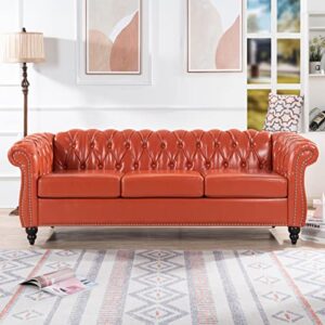 horunzelin chesterfield luxury pu leather 3 seater sofa couch,classic tufted button and nailhead rolled arm for office living room,orange