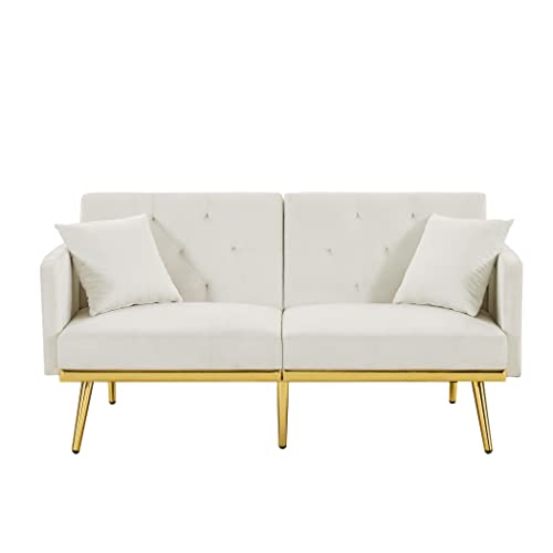 Yuxuanhang Velvet Tufted Sofa Couch with 2 Pillows, Convertible Modern Sofa Bed with Metal Legs and Adjustable Backrest for Small Space, Living Room, Dorm (White)