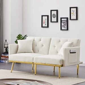 yuxuanhang velvet tufted sofa couch with 2 pillows, convertible modern sofa bed with metal legs and adjustable backrest for small space, living room, dorm (white)