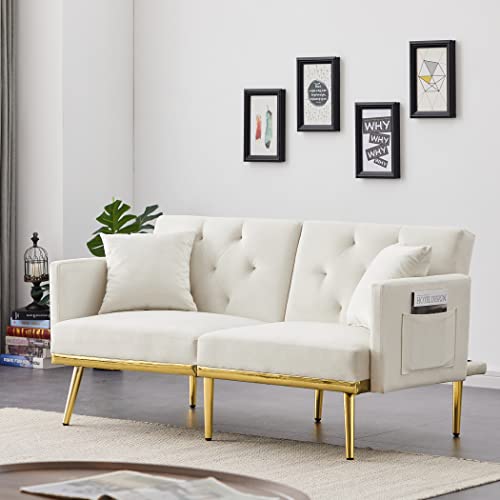 Yuxuanhang Velvet Tufted Sofa Couch with 2 Pillows, Convertible Modern Sofa Bed with Metal Legs and Adjustable Backrest for Small Space, Living Room, Dorm (White)