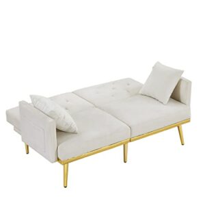 Yuxuanhang Velvet Tufted Sofa Couch with 2 Pillows, Convertible Modern Sofa Bed with Metal Legs and Adjustable Backrest for Small Space, Living Room, Dorm (White)