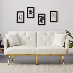 Yuxuanhang Velvet Tufted Sofa Couch with 2 Pillows, Convertible Modern Sofa Bed with Metal Legs and Adjustable Backrest for Small Space, Living Room, Dorm (White)