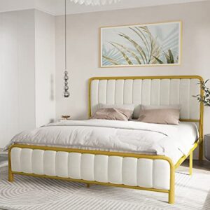 alorksi queen bed frames with headboard, upholstered platform bed frame queen size, no box spring needed/noise free/heavy duty metal slats/easy assembly