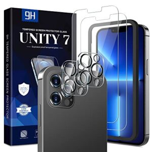 unity 7, 2 pack screen protector for iphone 13 pro max 6.7 inches | tempered glass | contains 2 front facing screen protectors and 2 rear facing camera lens protectors
