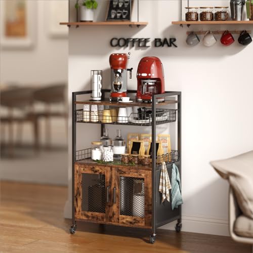 Hencawima Coffee Bar Cabinet, 3 Tier Coffee Station Table on Wheels, Bar Cart with Wire Basket Drawer & 5 Hooks for Home Kitchen, Liquor Buffet Sideboard Cabinet (Rustic Brown)