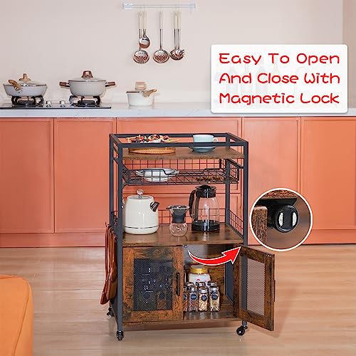 Hencawima Coffee Bar Cabinet, 3 Tier Coffee Station Table on Wheels, Bar Cart with Wire Basket Drawer & 5 Hooks for Home Kitchen, Liquor Buffet Sideboard Cabinet (Rustic Brown)